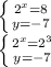 \left \{ {{ 2^{x}=8 } \atop {y=-7}} \right.


 \left \{ {{ 2^{x}= 2^{3} } \atop {y=-7}} \right.