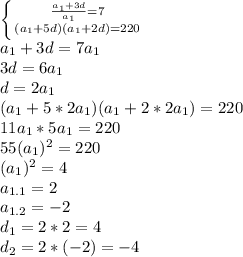 \left \{ {{ \frac{a_1+3d}{a_1} =7} \atop {(a_1+5d)(a_1+2d)=220}} \right. 
\\a_1+3d=7a_1
\\3d=6a_1
\\d=2a_1
\\(a_1+5*2a_1)(a_1+2*2a_1)=220
\\11a_1*5a_1=220
\\55(a_1)^2=220
\\(a_1)^2=4
\\a_{1.1}=2
\\a_{1.2}=-2
\\d_1=2*2=4
\\d_2=2*(-2)=-4