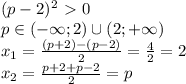 (p-2)^2\ \textgreater \ 0
\\p \in (-\infty;2)\cup (2;+\infty)
\\x_1= \frac{(p+2)-(p-2)}{2} = \frac{4}{2} =2
\\x_2= \frac{p+2+p-2}{2} =p