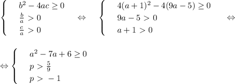 \begin{cases}
 & \text{ } b^2-4ac \geq 0 \\ 
 & \text{ } \frac{b}{a} \ \textgreater \ 0\\ 
 & \text{ } \frac{c}{a} \ \textgreater \ 0
\end{cases}~~~\Leftrightarrow~~~\begin{cases}
 & \text{ } 4(a+1)^2-4(9a-5) \geq 0 \\ 
 & \text{ } 9a-5\ \textgreater \ 0 \\ 
 & \text{ } a+1\ \textgreater \ 0
\end{cases}~~~~\Leftrightarrow\\ \\ \\ \Leftrightarrow\begin{cases}
 & \text{ } a^2-7a+6 \geq 0 \\ 
 & \text{ } p\ \textgreater \ \frac{5}{9} \\ 
 & \text{ } p\ \textgreater \ -1 
\end{cases}