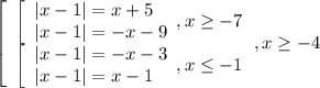 \left[\begin{array}{l} \left[\begin{array}{l} |x-1|=x+5 \\ |x-1|=-x-9 \end{array},x \geq -7 \\ \left[\begin{array}{l} |x-1|=-x-3 \\ |x-1|=x-1 \end{array} , x \leq -1 \end{array},x \geq -4