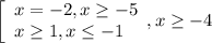 \left[\begin{array}{l} x=-2,x \geq -5 \\ x \geq 1 , x \leq -1 \end{array},x \geq -4