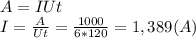 A=IUt \\ 
I= \frac{A}{Ut} = \frac{1000}{6*120}=1,389 (A)