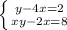 \left \{ {{y-4x=2} \atop {xy-2x=8}} \right. 
 
