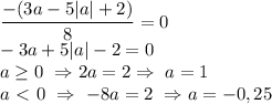 \dfrac{-(3a-5|a|+2)}{8}=0 \\ -3a+5|a|-2=0 \\ a \geq 0 \ \Rightarrow 
 2a=2 \Rightarrow \ a=1 \\ a\ \textless \ 0 \ \Rightarrow \ -8a=2 \ \Rightarrow a=-0,25