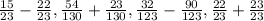 \frac{15}{23} - \frac{22}{23}, \frac{54}{130} + \frac{23}{130}, \frac{32}{123} - \frac{90}{123}, \frac{22}{23} + \frac{23}{23}
