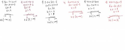 1) 3x-78-x; 3) 1-x< 2x-5; 4) 2x+1> x+6; 5) 4x+2> 3x+1; 6) 6x+1< 2x+9. решите