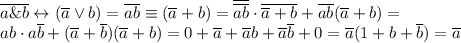 \overline{a\&b}\leftrightarrow(\overline a\lor b)=\overline{ab}\equiv(\overline a+b)=\overline{\overline{ab}}\cdot\overline{\overline a+b}+\overline{ab}(\overline a+b)= \\ ab\cdot a\overline b+(\overline a+\overline b)(\overline a+b)=0+\overline a+\overline ab+\overline a \overline b+0=\overline a(1+b+\overline b)=\overline a
