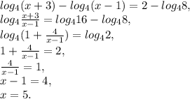 log_4(x+3)-log_4(x-1)=2-log_48, \\ 
log_4 \frac{x+3}{x-1} =log_416-log_48, \\ 
log_4 (1+\frac{4}{x-1}) =log_42, \\ 
1+\frac{4}{x-1}=2, \\ 
\frac{4}{x-1}=1, \\ 
x-1=4, \\ 
x=5.