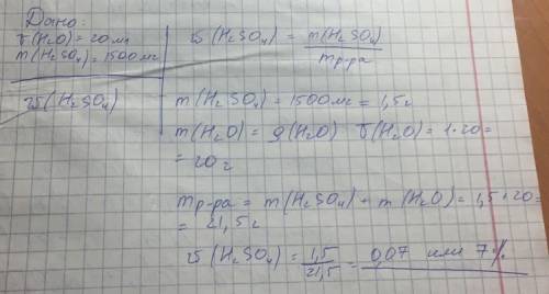 В20 мл воды растворили в 1500 мг серной кислоты . определите массовую долю кислоты в растворе