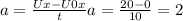 a=\frac{U x - U{0x} }{t} 
a= \frac{20 - 0 }{10} =2