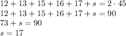 12+13+15+16+17+s=2\cdot45 \\\ 12+13+15+16+17+s=90 \\\ 73+s=90 \\\
 s=17