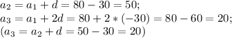 a_2=a_1+d=80-30=50; \\ 
a_3=a_1+2d=80+2*(-30)=80-60=20; \\ 
(a_3=a_2+d=50-30=20)