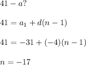 41-a? \\ \\ 
41=a_{1}+d(n-1) \\ \\ 
41=-31+(-4)(n-1) \\ \\ 
n=-17