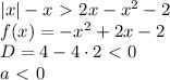 |x|-x \ \textgreater \ 2x-x^2-2 \\ 
 f(x) = -x^2+2x-2 \\ 
 D= 4-4 \cdot 2 \ \textless \ 0 \\
 a\ \textless \ 0