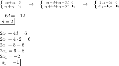 \left \{ {{a_2+a_4=6} \atop {a_5+a_7=18}} \right. \ \ \ \to \ \ \ \left \{ {{a_1+d+a_1+3d=6} \atop {a_1+4d+a_1+6d=18}} \right. \ \ \ \to \ \ \ \left \{ {{2a_1+4d=6} \atop {2a_1+10d=18}} \right. \\\\ -6d=-12\\ \boxed{d=2} \\\\
2a_1+4d=6\\2a_1+4 \cdot 2=6\\
2a_1+8=6\\ 2a_1=6-8\\2a_1=-2\\ \boxed{a_1=-1}