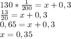 130* \frac{1}{200}=x+0,3\\ \frac{13}{20}=x+0,3\\ 0,65=x+0,3\\ x=0,35 