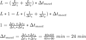 L=(\frac{L}{\Delta t_1}+\frac{L}{\Delta t_2})*\Delta t_{meet}\\\\\
L*1=L*(\frac{1}{\Delta t_1}+\frac{1}{\Delta t_2})*\Delta t_{meet}\\\\
1=\frac{\Delta t_1+\Delta t_2}{\Delta t_1*\Delta t_2}*\Delta t_{meet}\\\\
\Delta t_{meet}=\frac{\Delta t_1*\Delta t_2}{\Delta t_1+\Delta t_2}=\frac{40*60}{40+60}\ min=24\ min