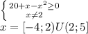 \left \{ {{20+x-x^2 \geq 0} \atop {x \neq 2}} \right. 
 \\ x=[-4;2)U(2;5]