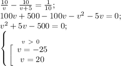 \frac{10}{v} - \frac{10}{v+5} = \frac{1}{10};\\ 100v+500-100v- v^{2} -5v=0;\\ v^{2}+5v -500=0; \\ \left \{ {{v\ \textgreater \ 0} \atop { \\ \left[\begin{array}{ccc}v=-25\\v=20\\\end{array}}}\\\\ \\ 
