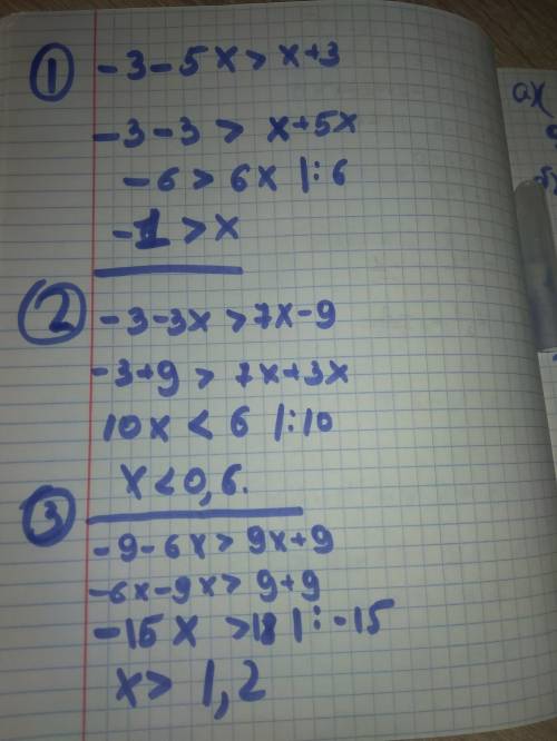 Решите неравенства(подробно): -3-5х > х+3 -3-3х > 7x-9 -9-6x > 9x+9