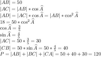|AB|=50\\
|AC|=|AB|*\cos \widehat{A}\\
|AD|=|AC|*\cos \widehat{A}=|AB|*\cos^2 \widehat{A}\\
18 = 50*\cos^2 \widehat{A}\\
\cos \widehat{A}=\frac{3}{5}\\
\sin \widehat{A} = \frac{4}{5}\\
|AC|=50*\frac{3}{5}=30\\
|CB|=50*\sin \widehat{A}=50*\frac{4}{5}=40\\
P = |AB|+|BC|+|CA|=50+40+30=120