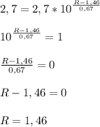 2,7 = 2,7 * 10^{ \frac{R - 1,46}{0,67} }\\\\
10^{ \frac{R - 1,46}{0,67} }=1\\\\
 \frac{R - 1,46}{0,67}=0\\\\
R - 1,46=0\\\\
R = 1,46