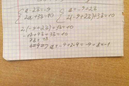Решить систему подстановки : a-2b= -9 2a+3b=10