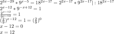 2^{3x-29} * 9^{x-5}= 18^{2x-17}=2^{2x-17}*9^{2x-17} | : 18^{2x-17} \\ 
2^{x-12}* 9^{-x+12}=1 \\ \frac{2^{x-12}}{9^{x-12}}=1 \\ 
 (\frac{2}{9})^{x-12}=1= (\frac{2}{9})^{0} \\ x-12=0 \\ x=12
