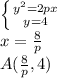 \left \{ {{y^2=2px} \atop {y=4}} \right. \\
 x = \frac{8}{p} \\ 
 A(\frac{8}{p},4)
