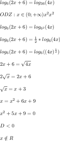log_6(2x+6)=log_{36}(4x) \\ \\ 
ODZ:x\in (0;+\infty) x^{2} x^{2} \\ \\ 
log_6(2x+6)=log_{6^{2}}(4x) \\ \\ 
log_6(2x+6)= \frac{1}{2} *log_6(4x) \\ \\ 
log_6(2x+6)=log_6((4x)^{ \frac{1}{2}}) \\ \\ 
2x+6= \sqrt{4x} \\ \\ 
2 \sqrt{x}=2x+6 \\ \\ 
 \sqrt{x} =x+3 \\ \\ 
x=x^2+6x+9 \\ \\ 
x^2+5x+9=0 \\ \\ 
D\ \textless \ 0 \\ \\ 
x\notin R