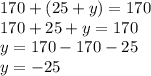 170+(25+y)=170 \\ 
170+25+y=170 \\ 
y=170-170-25 \\ 
y=-25