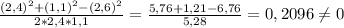 \frac{(2,4)^{2}+(1,1)^{2}-(2,6)^{2}}{2*2,4*1,1} = \frac{5,76+1,21-6,76}{5,28} =0,2096 \neq 
0