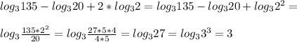 log_{3}135-log_{3}20+2*log_{3}2=log_{3}135-log_{3}20+log_{3}2^{2}= \\ \\ 
log_{3} \frac{135*2^{2}}{20} =log_{3} \frac{27*5*4}{4*5} =log_{3} 27 =log_{3} 3^{3} =3