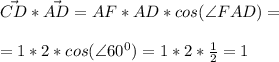 \vec{CD}*\vec{AD}=AF*AD*cos(\angle FAD)=\\\\
=1*2*cos(\angle 60^0)=1*2*\frac{1}{2}=1