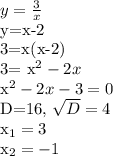 y= \frac{3}{x} 

y=x-2

3=x(x-2)

3= x^{2} -2x

 x^{2} -2x-3=0

D=16, \sqrt{D} =4

 x_{1}=3 

 x_{2}=-1