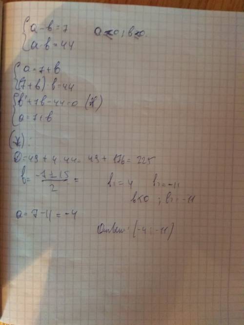 Разность двух неположительных чисел равна 7,а их произведение равно 44.найдите сумму данных чисел ..