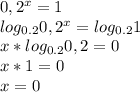 0,2^{x}=1 \\ 
log_{0.2} 0,2^{x}=log_{0.2} 1 \\ 
x*log_{0.2} 0,2=0 \\ 
x*1=0 \\ 
x=0