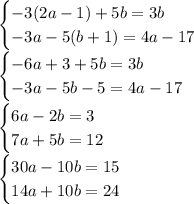 \begin {cases} -3(2a-1)+5b=3b \\ -3a-5(b+1)=4a-17 \end {cases} \\ 
\begin {cases} -6a+3+5b=3b \\ -3a-5b-5=4a-17 \end {cases} \\ 
\begin {cases} 6a-2b=3 \\ 7a+5b=12 \end {cases} \\ 
\begin {cases} 30a-10b=15 \\ 14a+10b=24 \end {cases}