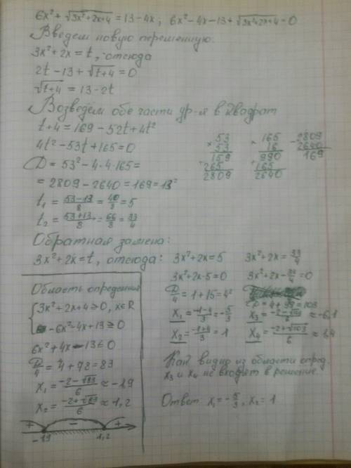Решите уравнение 6x^2+√(3x^2+2x+4)=13-4x. в ответ запишите больший из корней. c решением, .