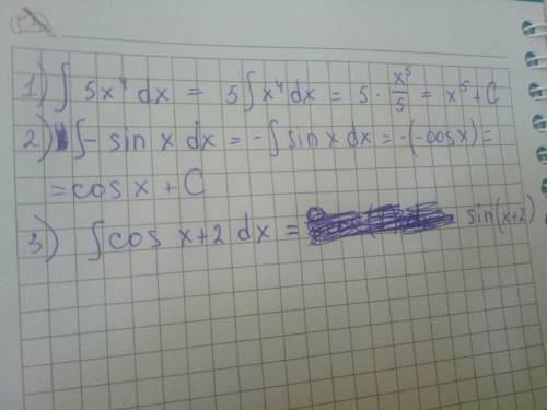 Интеграл 5x^4dx= - sin x dx= (cos x +2)dx=