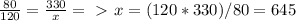 \frac{80}{120} = \frac{330}{x} 
 =\ \textgreater \ x =(120*330)/80=645