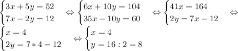 \begin {cases} 3x+5y=52 \\ 7x-2y=12 \end {cases} \Leftrightarrow \begin {cases} 6x+10y=104 \\ 35x-10y=60 \end {cases} \Leftrightarrow \begin {cases} 41x=164 \\ 2y=7x-12 \end {cases} \Leftrightarrow \\
\begin {cases} x=4 \\ 2y=7*4-12 \end {cases} \Leftrightarrow \begin {cases} x=4 \\ y=16:2=8 \end {cases}
