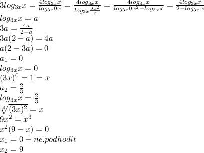 3log_{3x}x= \frac{4log_{3x}x}{log_{3x}9x} =\frac{4log_{3x}x}{log_{3x} \frac{9x^2}{x} }= \frac{4log_{3x}x}{log_{3x}9x^2-log_{3x}x} = \frac{4log_{3x}x}{2-log_{3x}x} \\
log_{3x}x=a\\
3a= \frac{4a}{2-a} \\
3a(2-a)=4a\\
a(2-3a)=0\\
a_1=0\\
log_{3x}x=0\\
(3x)^0=1=x\\
a_2= \frac{2}{3} \\
log_{3x}x= \frac{2}{3} \\
 \sqrt[3]{(3x)^2} =x\\
9x^2=x^3\\
x^2(9-x)=0\\
x_1=0-ne.podhodit\\
x_2=9