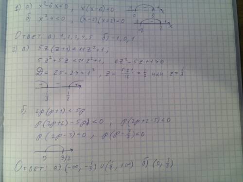 1) найдите все целые числа, удовлетворяющие неравенству: а)x^2-6x< 0; б) x^2-4< 0; в)3x+x^2&lt