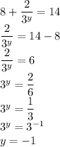 8+\dfrac{2}{3^y} = 14 \\\
\dfrac{2}{3^y} = 14-8
\\\
\dfrac{2}{3^y} =6
\\\
3^y=\dfrac{2}{6} \\\
3^y=\dfrac{1}{3}
\\\
3^y=3^{-1}
\\\
y=-1