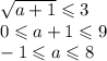 \sqrt{a+1}\leqslant 3\\ 0\leqslant a+1\leqslant 9\\ -1\leqslant a\leqslant 8