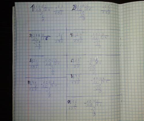 Решите в столбик с проверкой 106: 2, 288: 8, 130: 5, 24×8, 21×5, 35×2, 41×3, 45×4, 52×2.