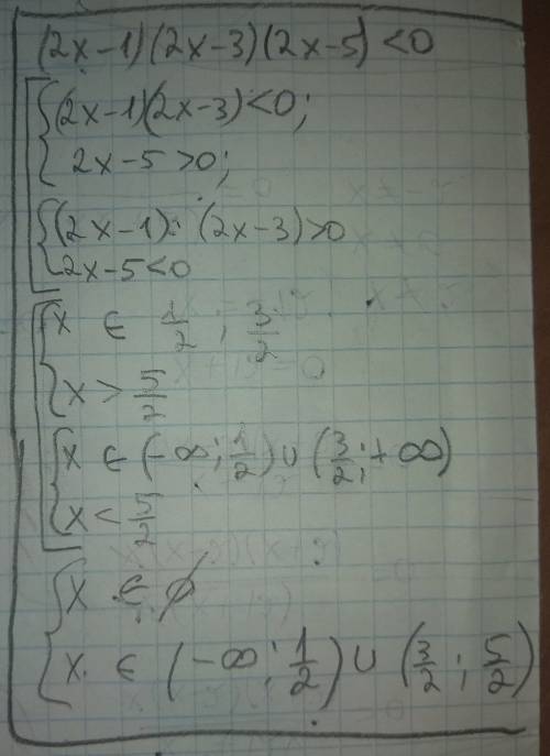 Решите неравенство (2х-1)(2х-3)(2х-5)< 0