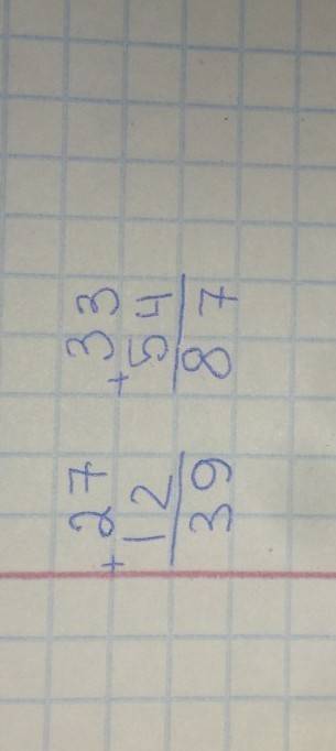 Вычисли выполняя записи столбиком 27 +12 33+54